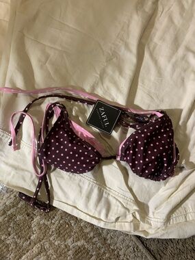 Zaful Brown Bikini Top with Pink Polka Dot Print